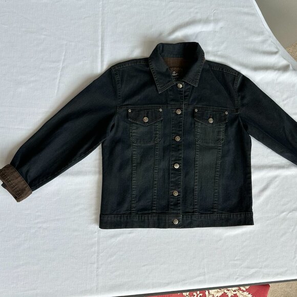 Chico's Denim Jacket Size 1 (8-10 Medium) Midnight Blue with Brown Rolled Cuffs - Picture 4 of 6